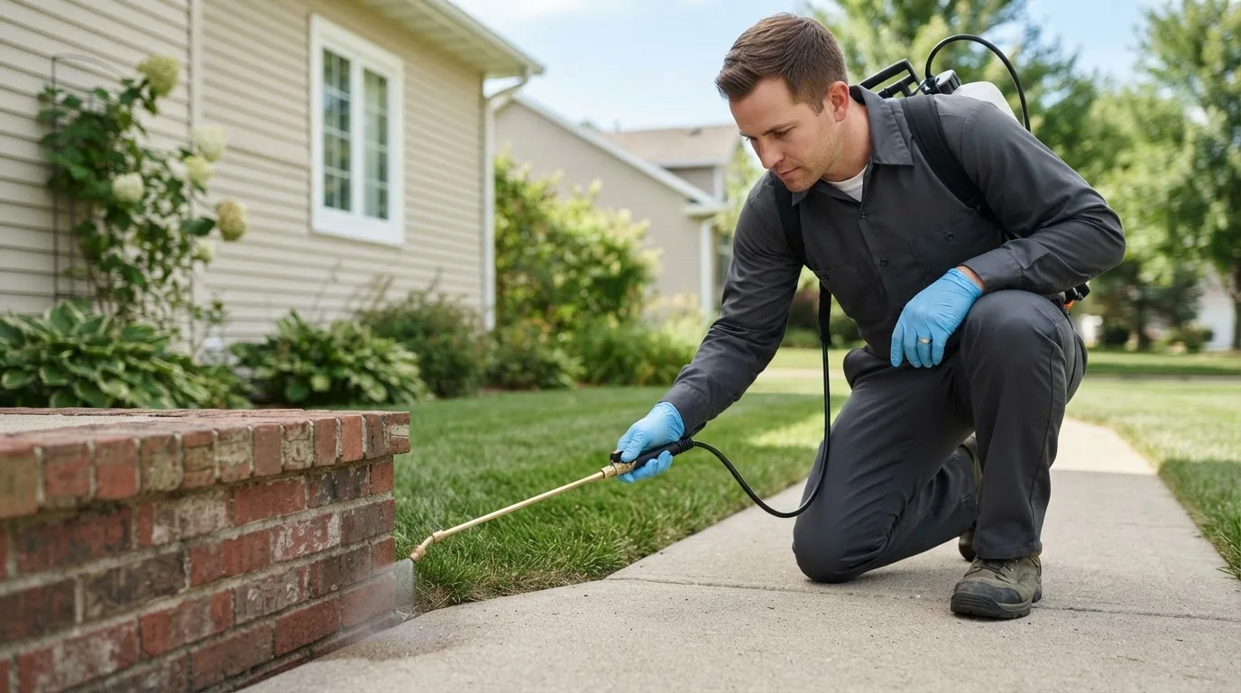 Pest control technician treating a home near Kankakee, IL